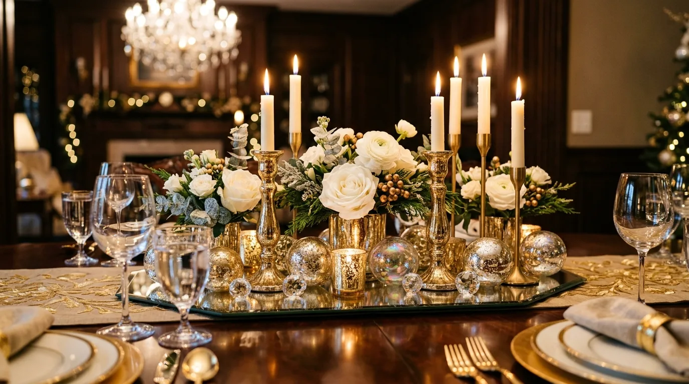 Use a narrow palette so the centerpiece feels more refined inspiration for a holiday dining table centerpiece.
